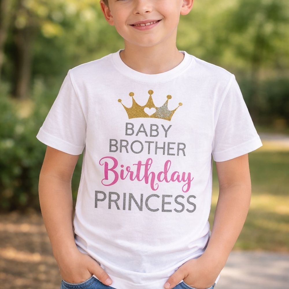 Baby Brother Birthday Princess Shirt XS 4-5 Kids White Birthday Tee